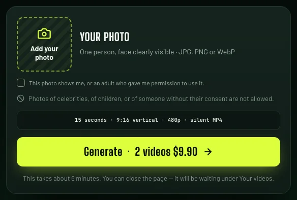 The Ozil AI tool on ozilai.org: one photo slot, the consent box, the spec line (15 seconds, 9:16, 480p, silent MP4) and the Generate button with the 2-video price